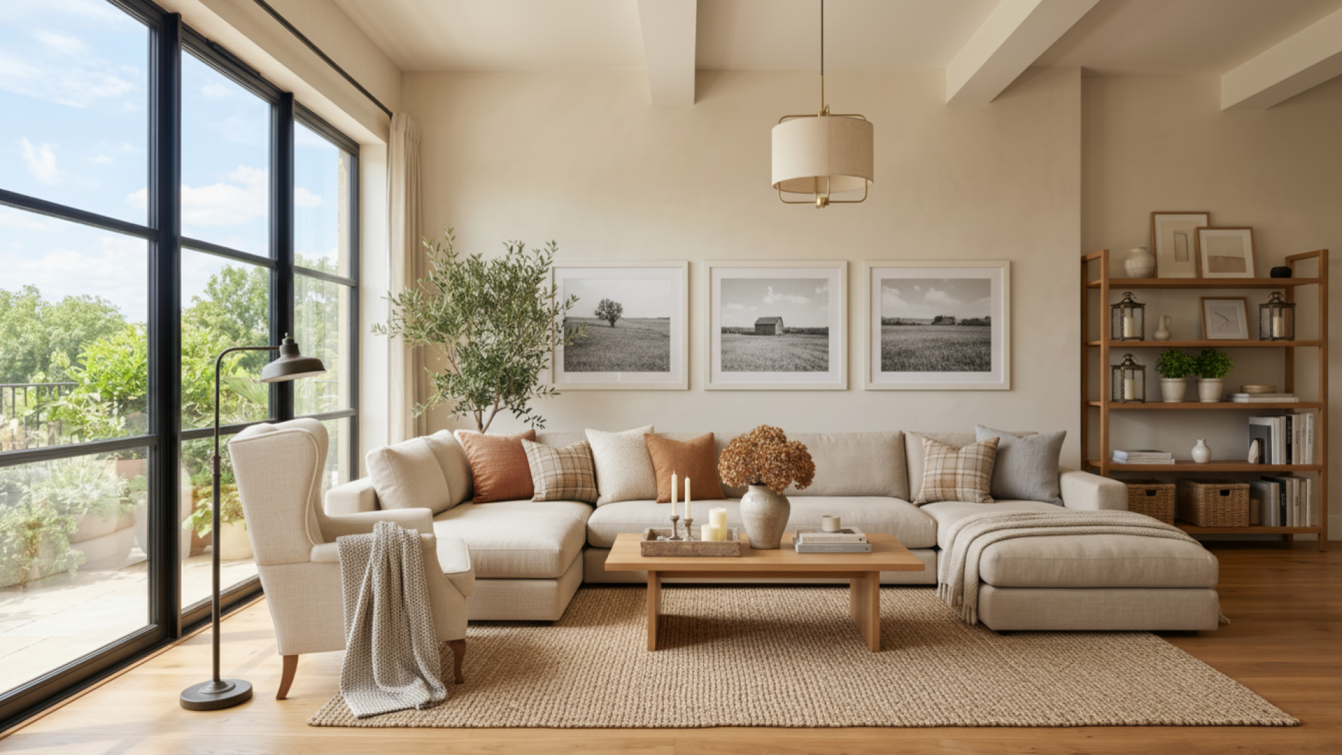 Bright living room redesigned with AI for a short-term rental listing