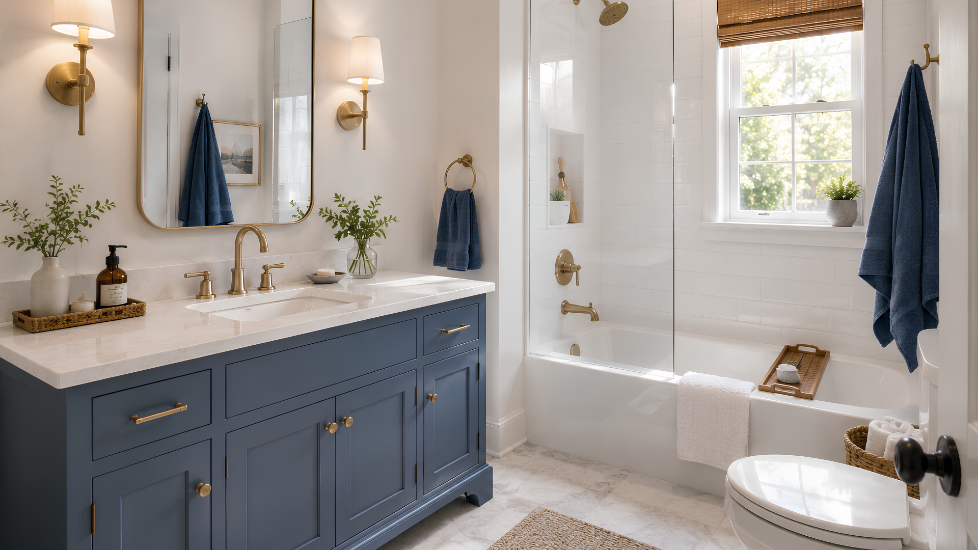 Blue and white bathroom material direction
