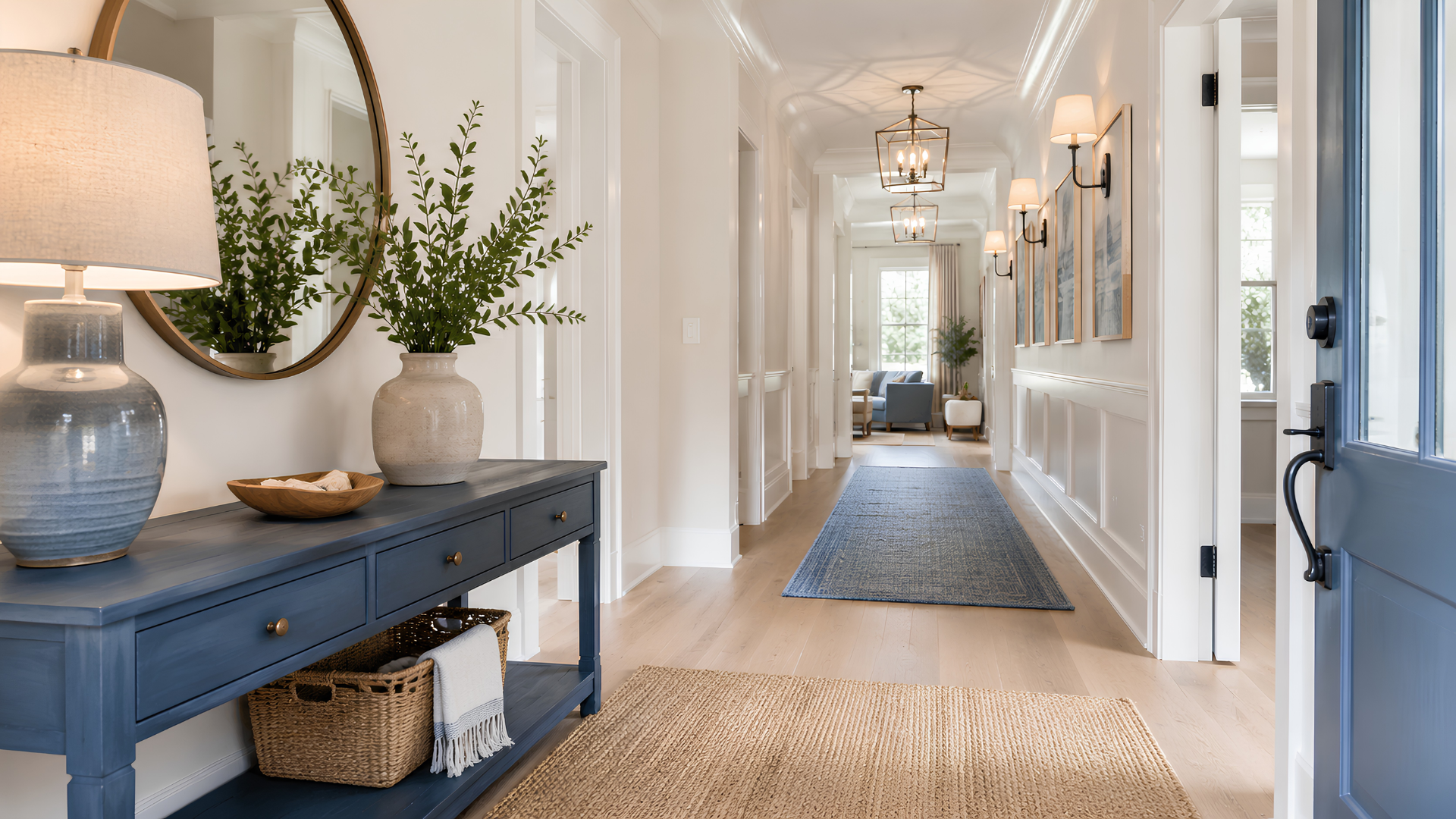 Blue and white entryway direction