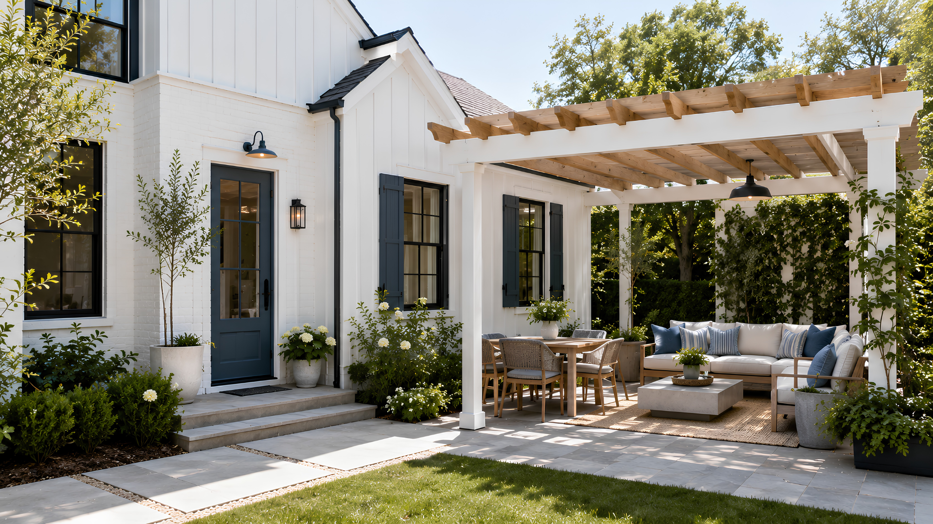 Blue and white patio and exterior direction