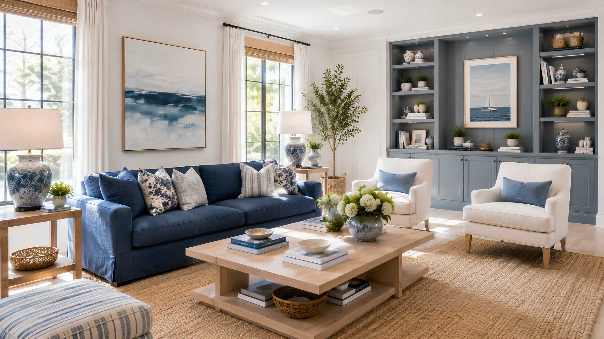 Blue and white living room concept