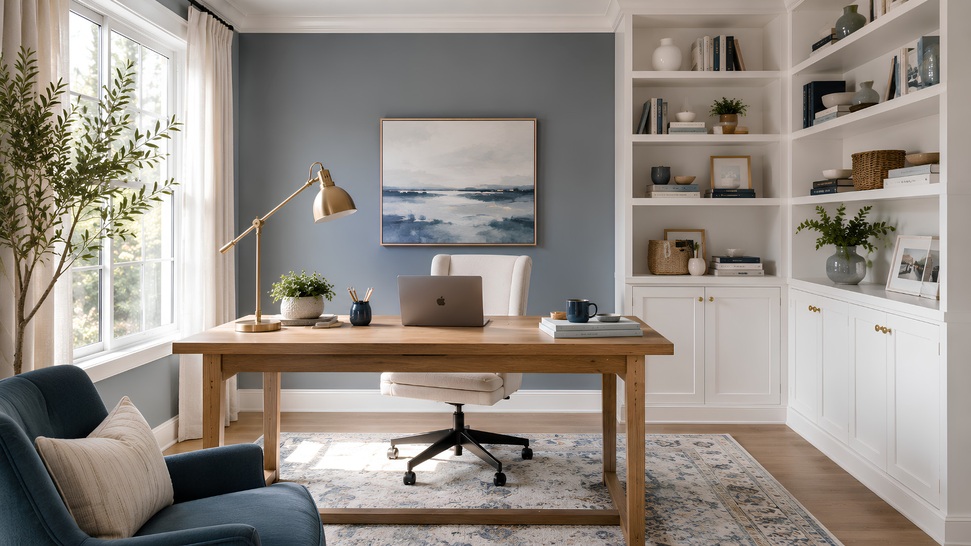Blue and white home office concept