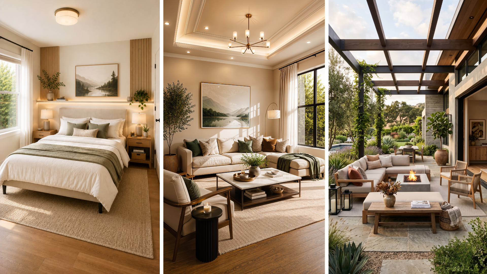DesignSense AI generate rooms: bedroom, living room and outdoor patio