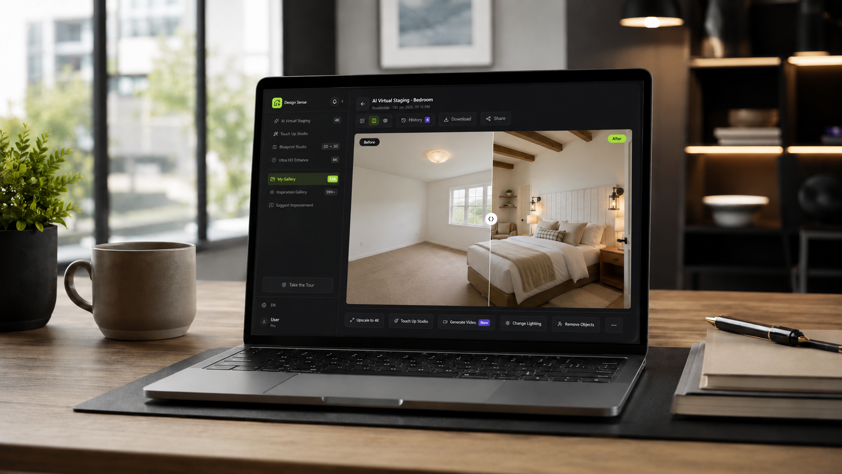 AI virtual staging before-and-after concept for a real estate listing room