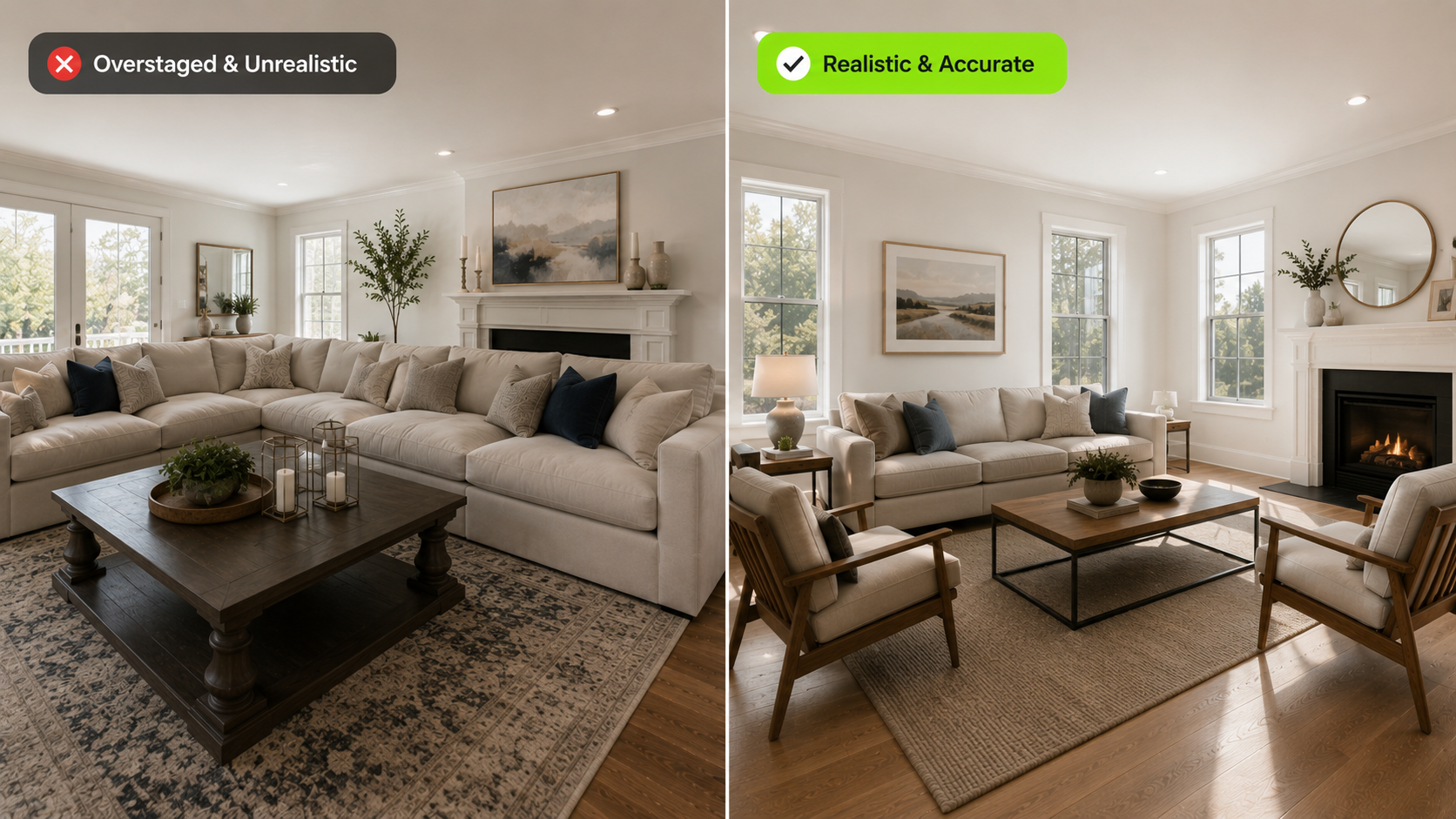AI Virtual Staging showing before and after using DesignSense AI