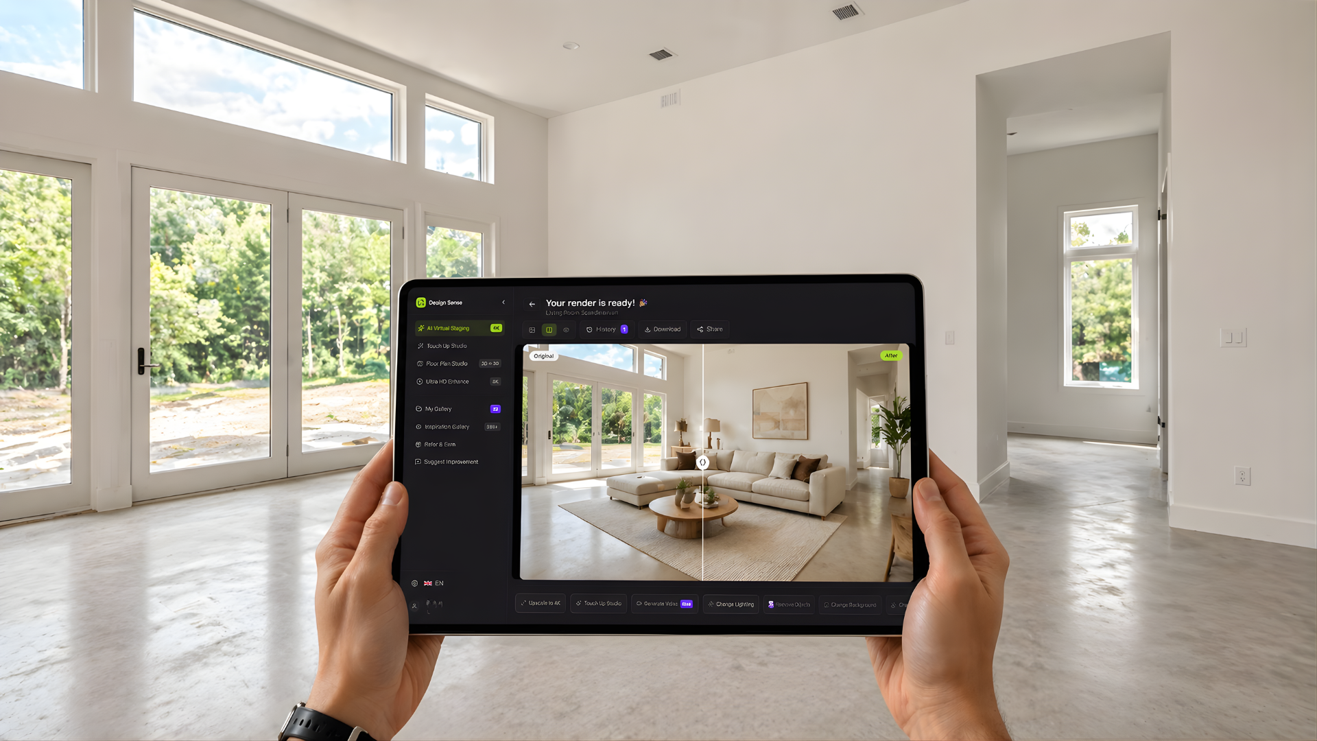 AI virtual staging example showing a vacant room presented as a furnished listing photo