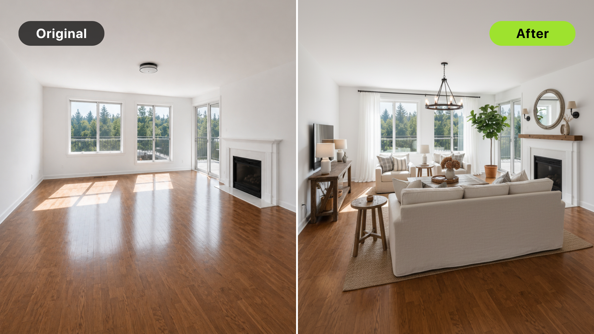 AI Virtual Staging showing before & after using DesignSense AI