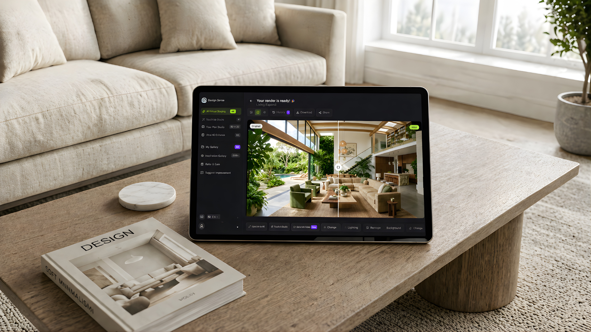 before & after image generated on DesignSense AI shown on a tablet