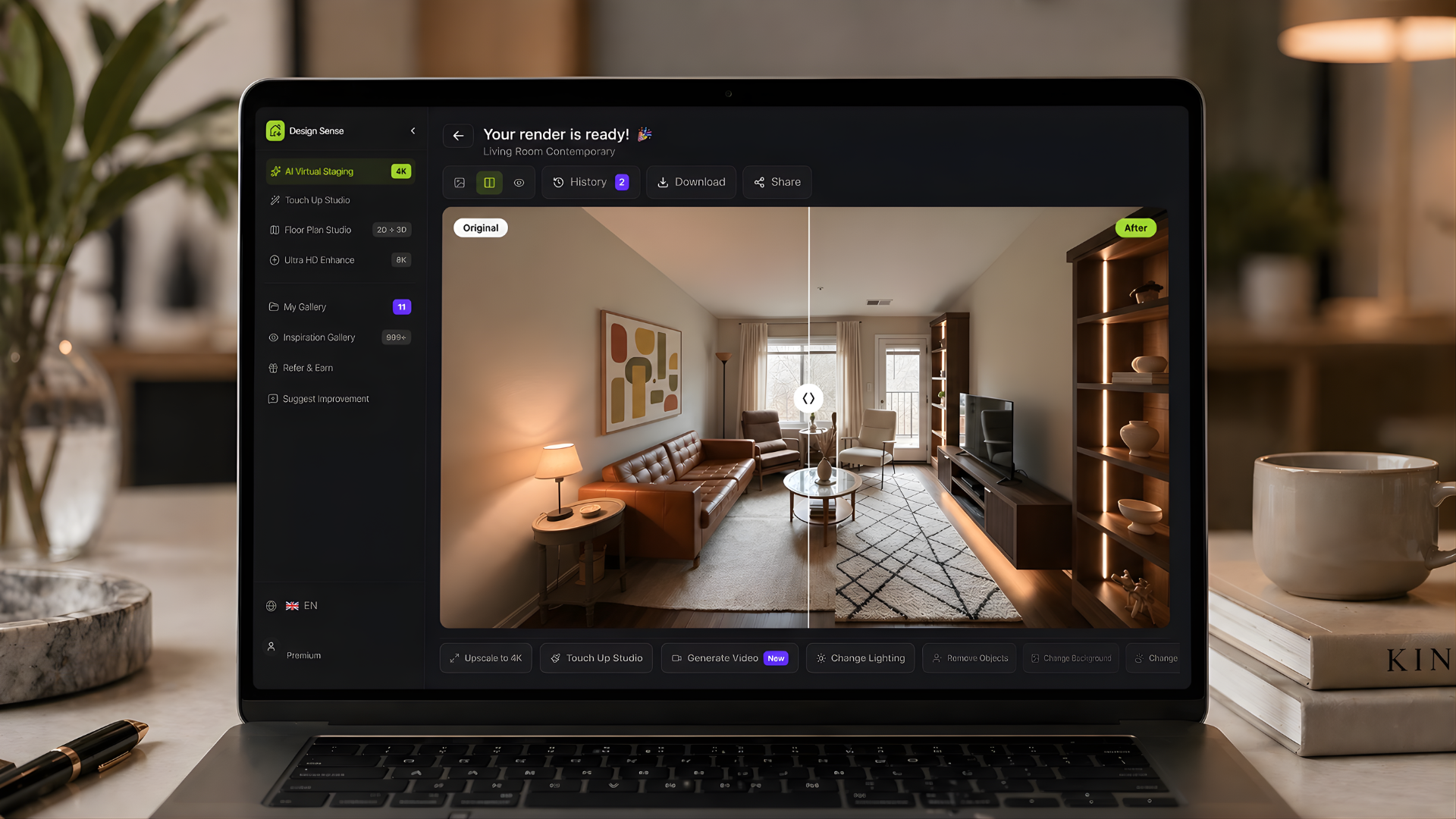 Before and after image of a AI generated bedroom on DesignSense AI UI in a laptop