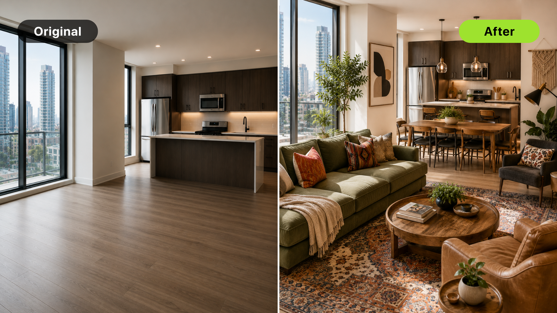 AI virtual staging before and after for a rental listing room