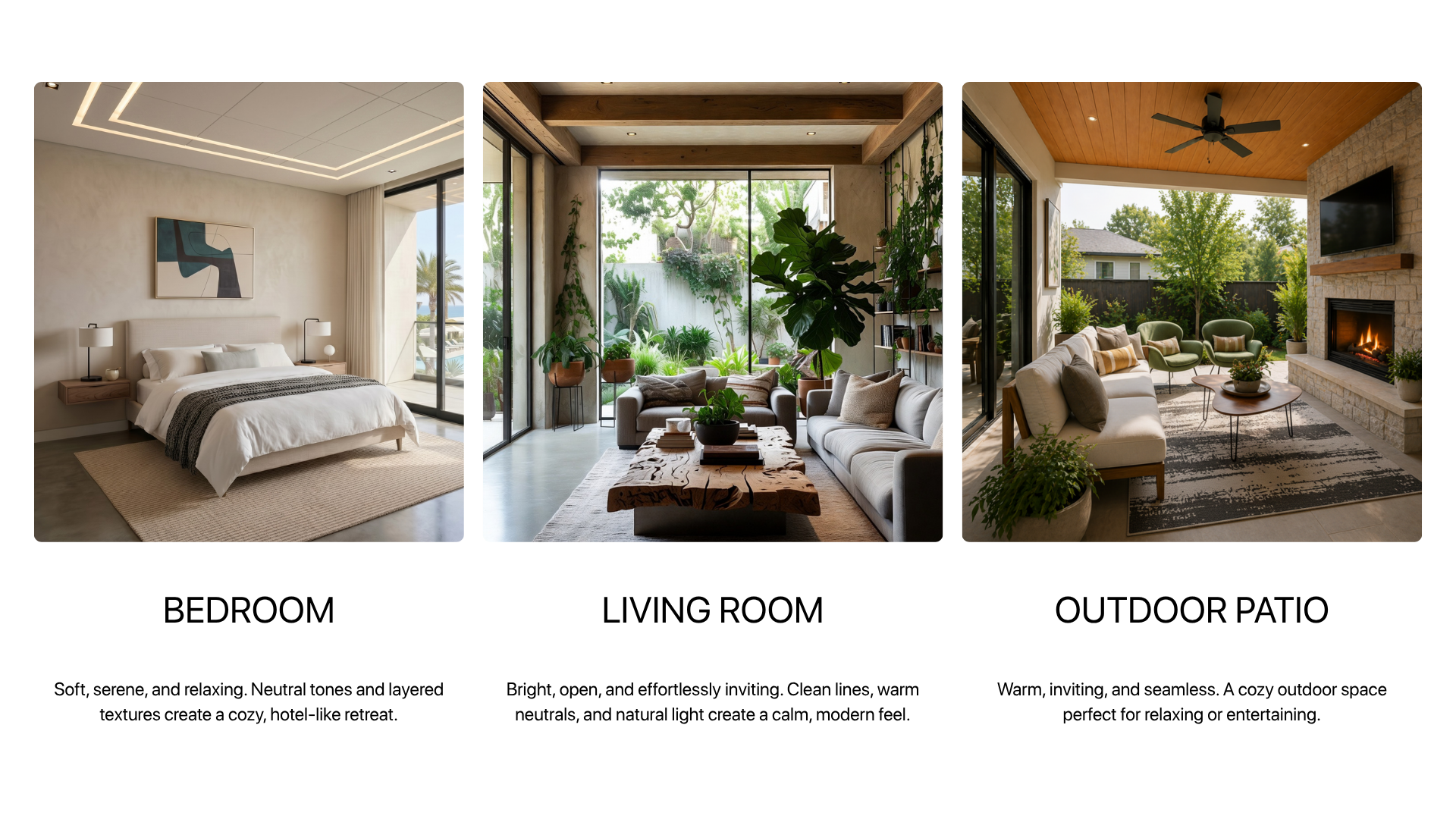 DesignSense AI generate rooms: bedroom, living room and outdoor patio