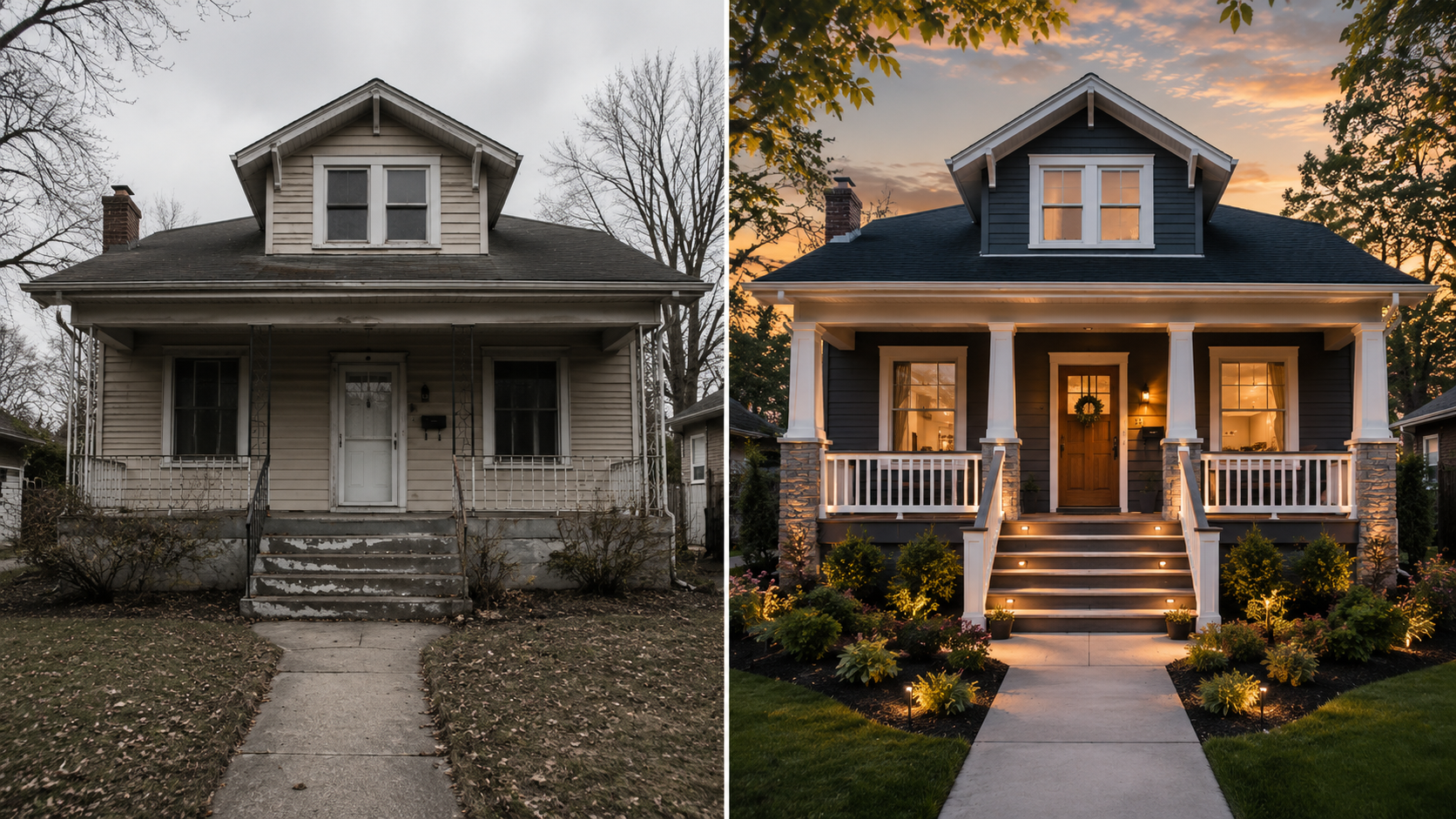 AI exterior design before-and-after concept for home curb appeal