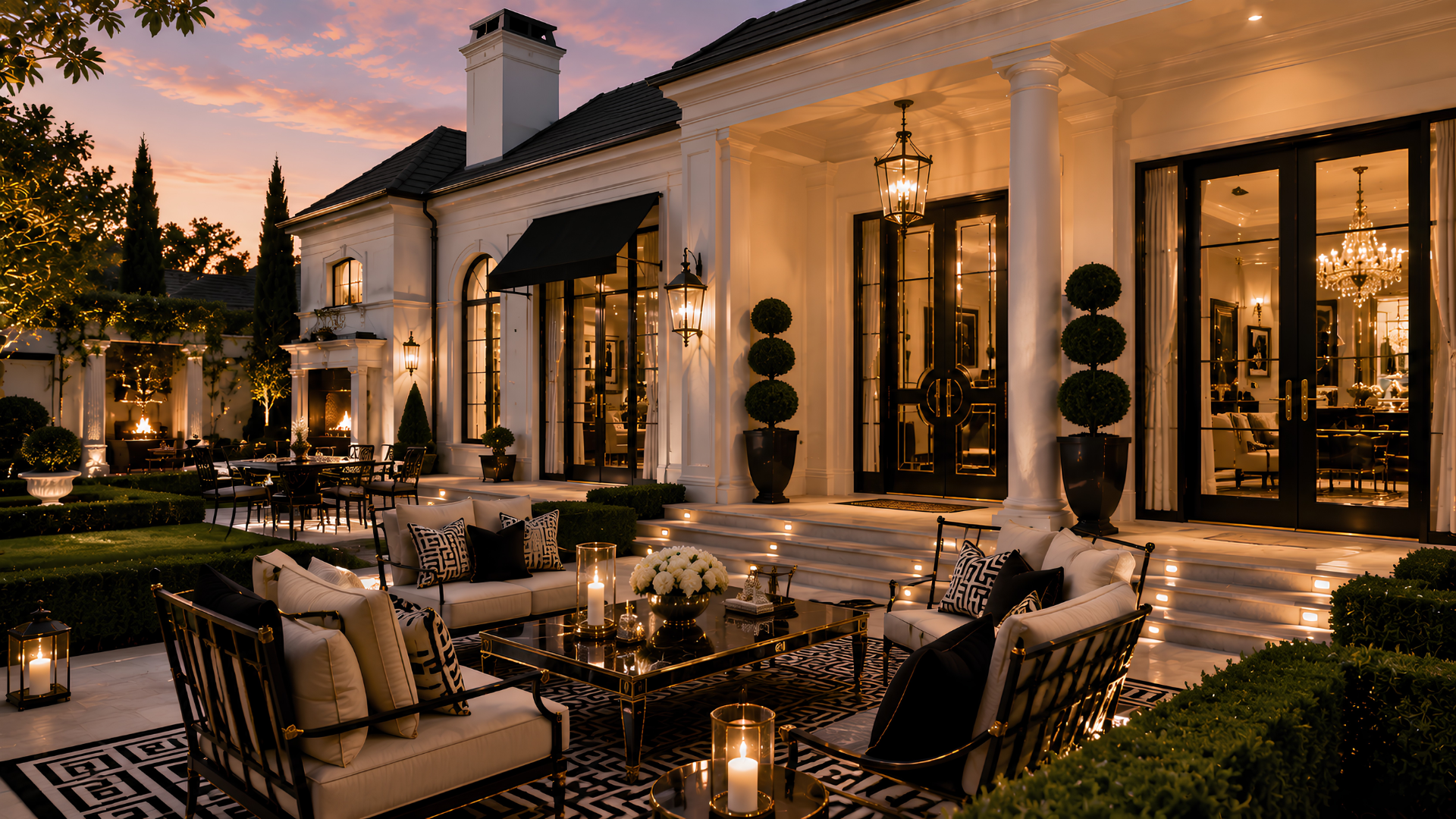 Hollywood Regency outdoor entertaining direction