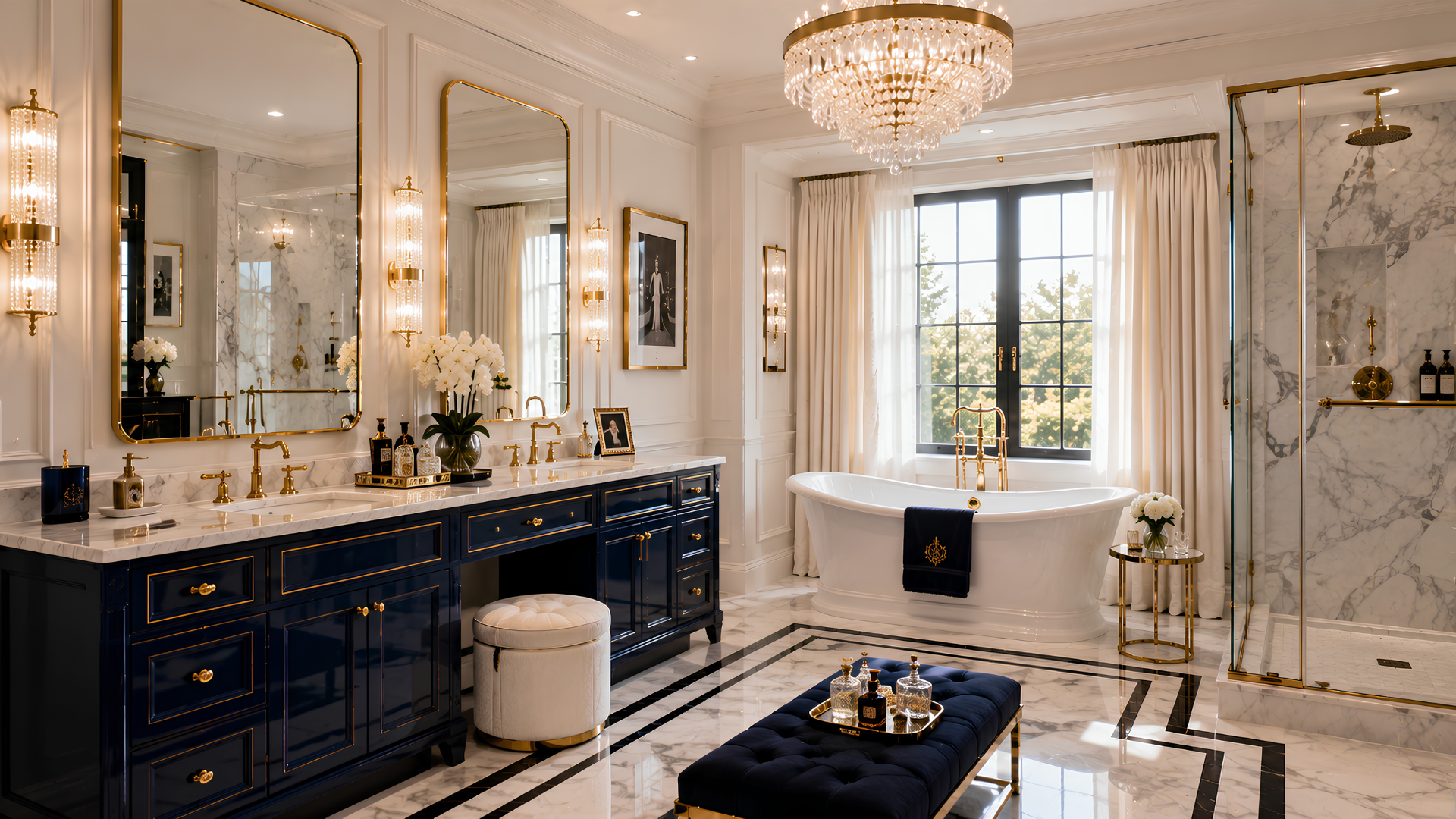 Hollywood Regency bathroom material direction