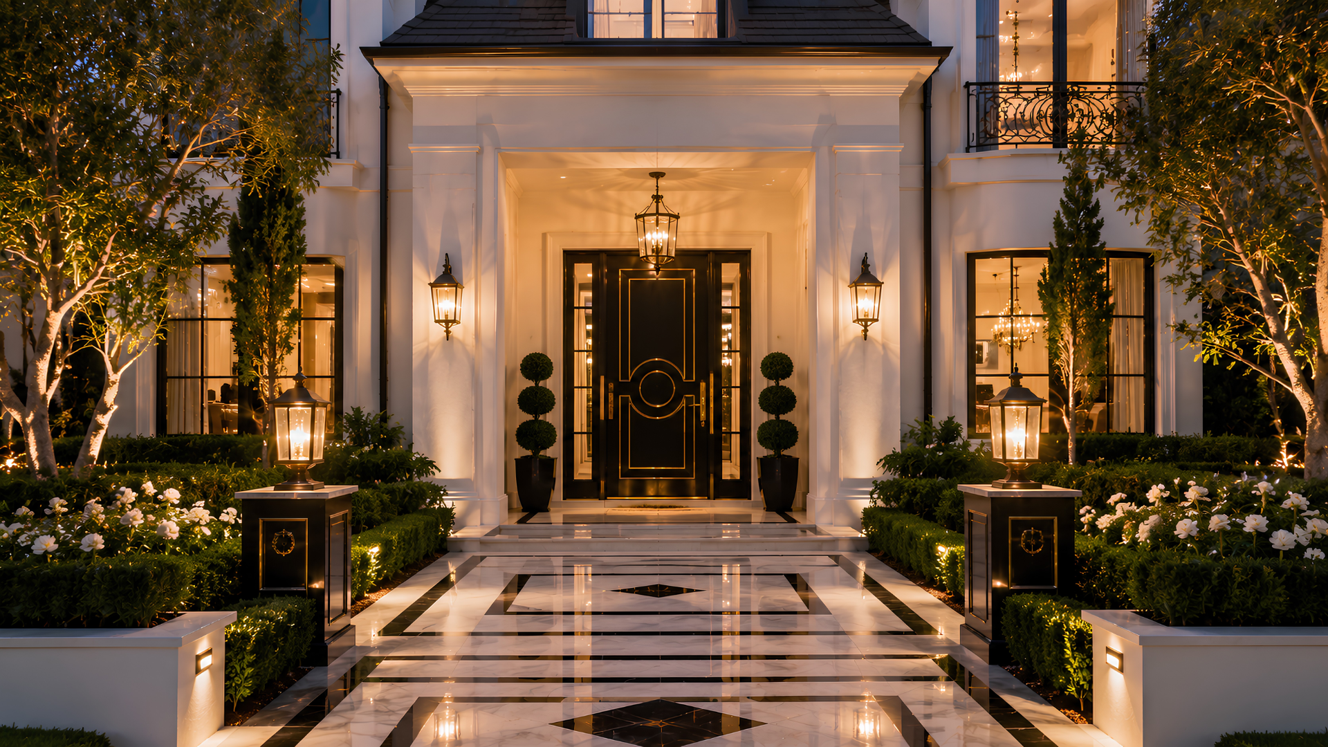 Hollywood Regency entryway and exterior transition