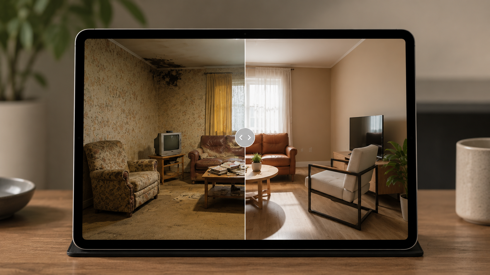 Before and after image generated on DesignSense AI shown on a tablet