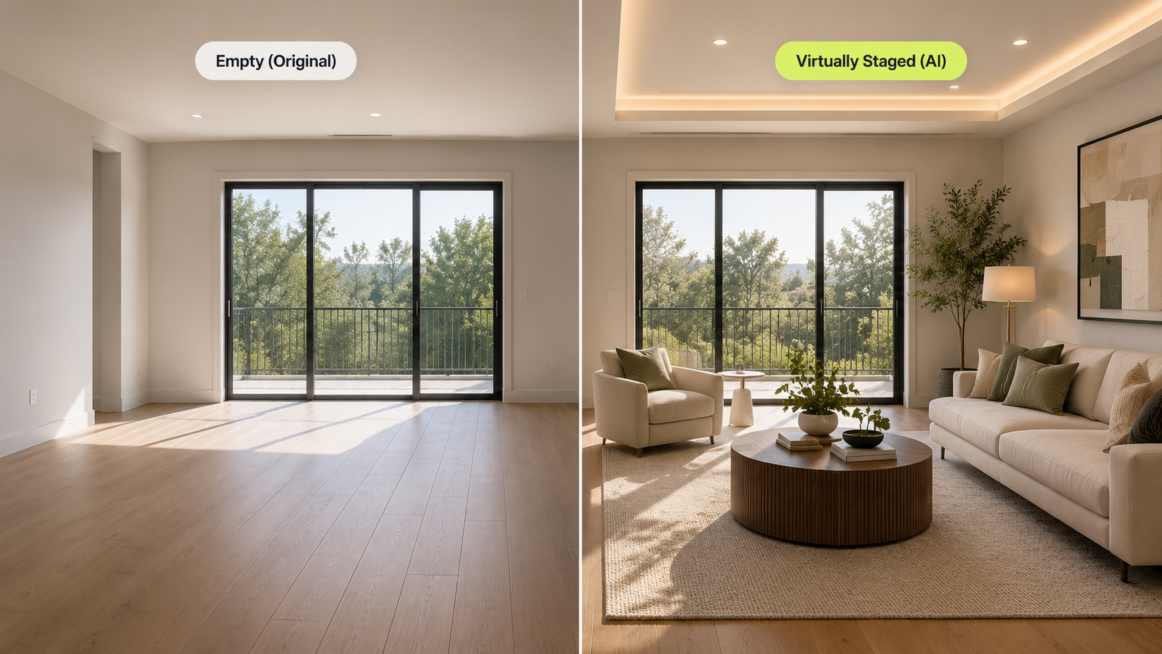 AI Virtual Staging showing before and after using DesignSense AI