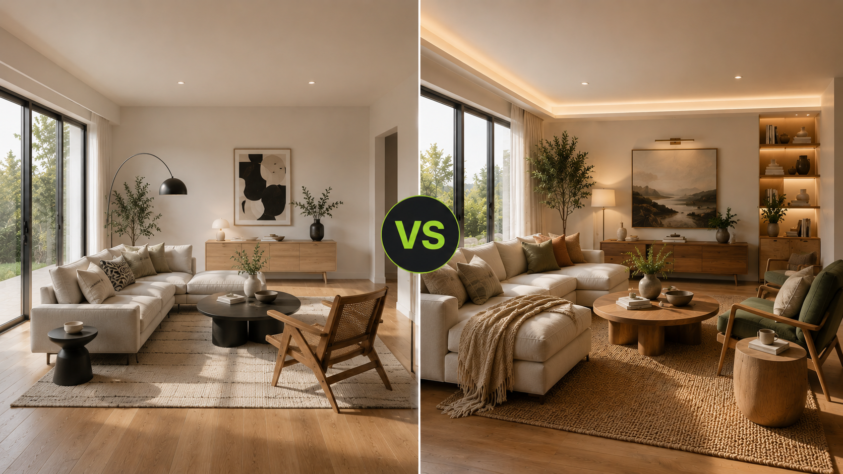 AI virtual staging and room redesign comparison for a real interior photo