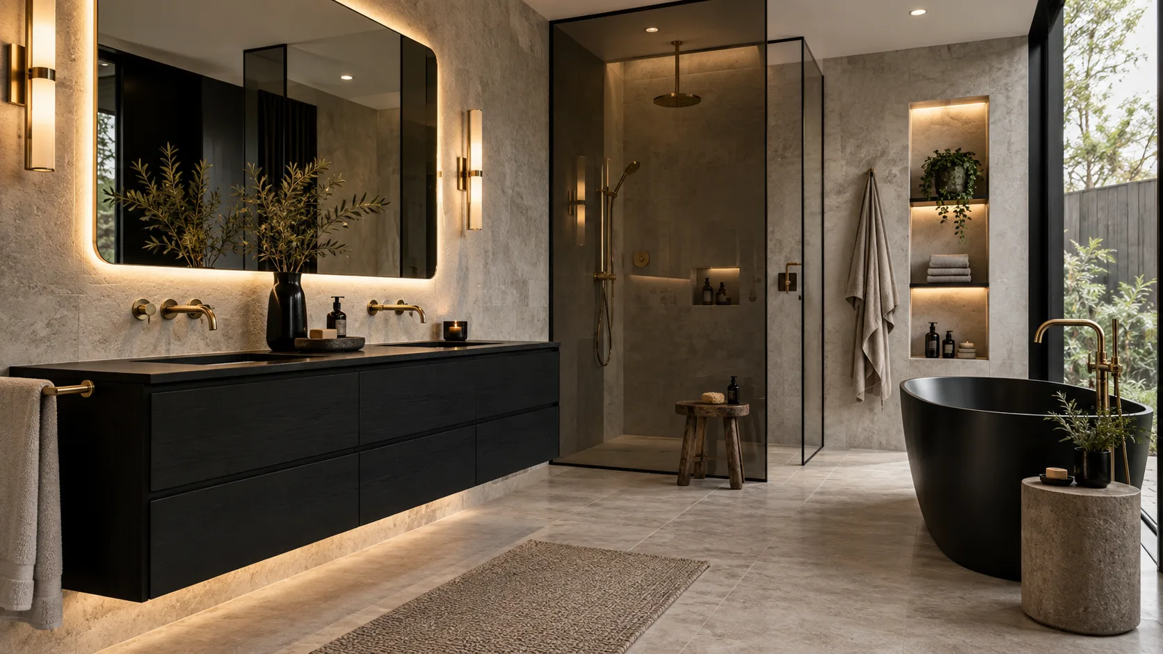 Black and gold bathroom with matte black floating vanity and tub, pale stone walls and floor, brushed brass fixtures, warm mirror lighting, and glass shower
