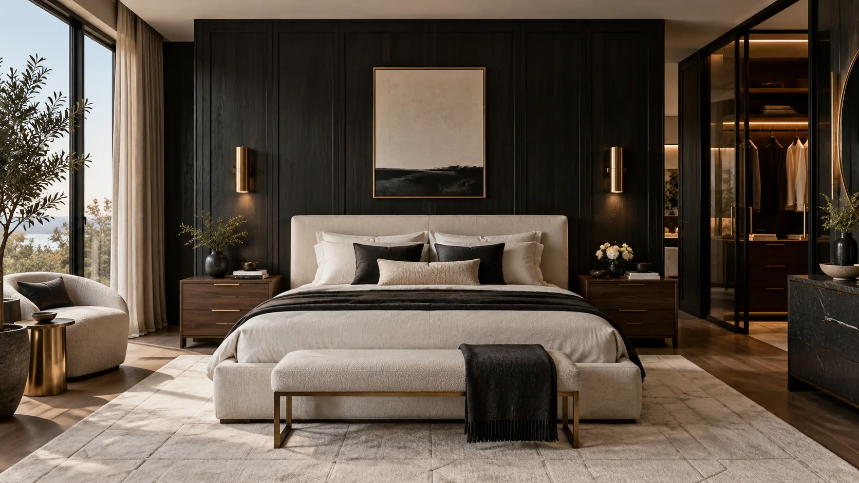 Black and gold bedroom with black-stained wood wall, cream upholstered bed, walnut nightstands, brass sconces, pale rug, and restrained black textiles
