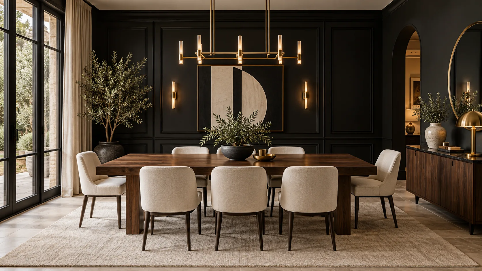 Black and gold dining room with black paneled wall, walnut table, cream chairs, restrained brass chandelier, brass sconces, pale rug, and geometric art