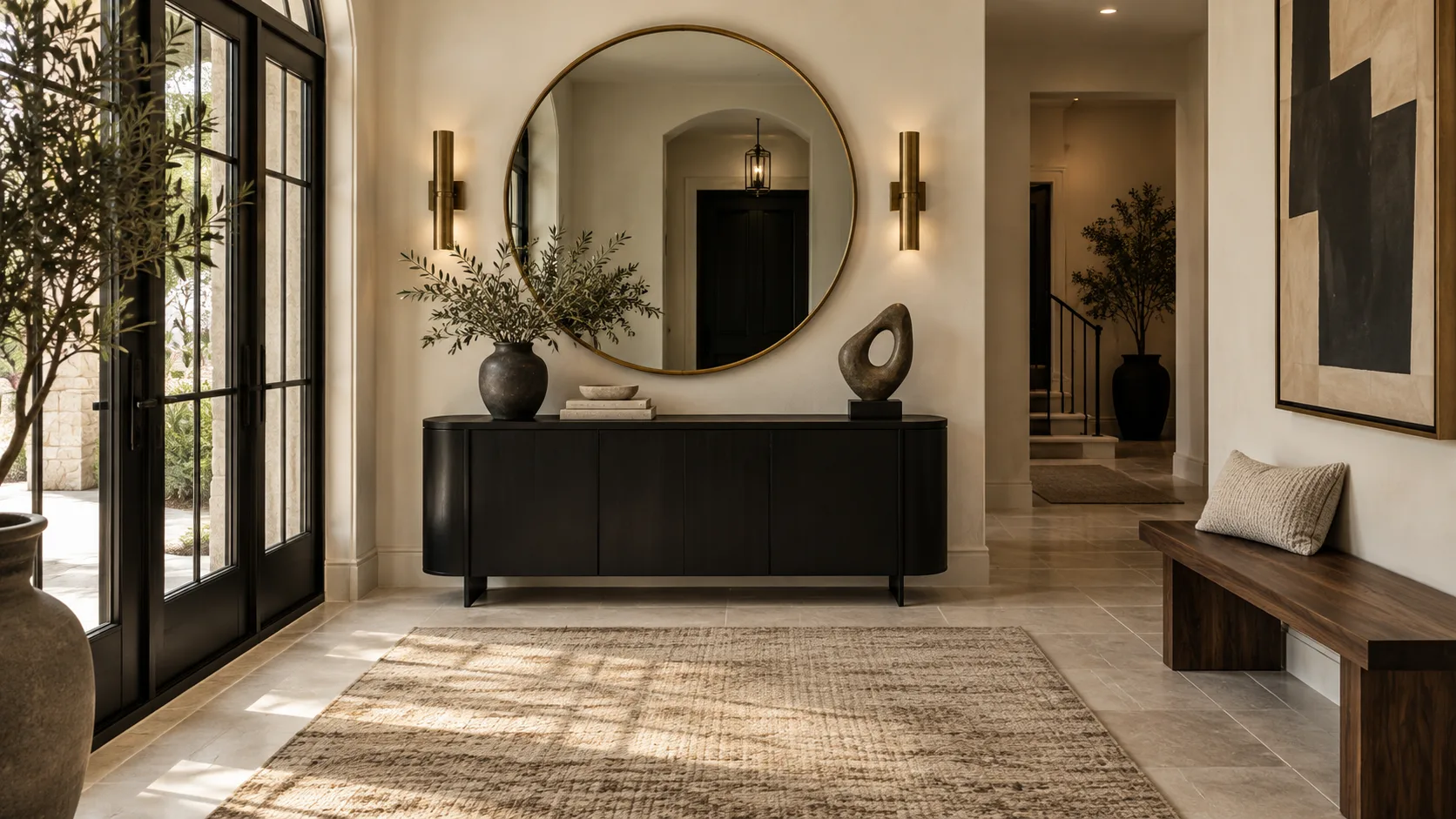 Black and gold entryway with matte black console, aged brass mirror and sconces, cream walls, walnut bench, pale stone floor, and sculptural decor