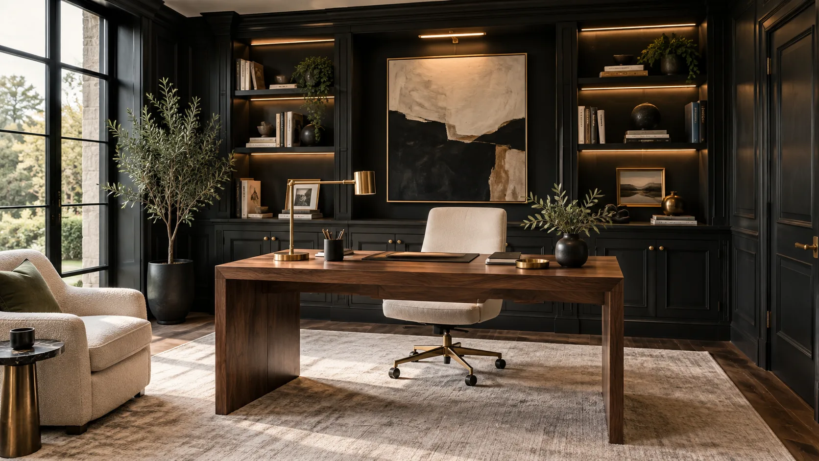 Black and gold home office with black built-ins, walnut desk, cream ergonomic chair, brass task light, pale rug, warm shelf lighting, and abstract art