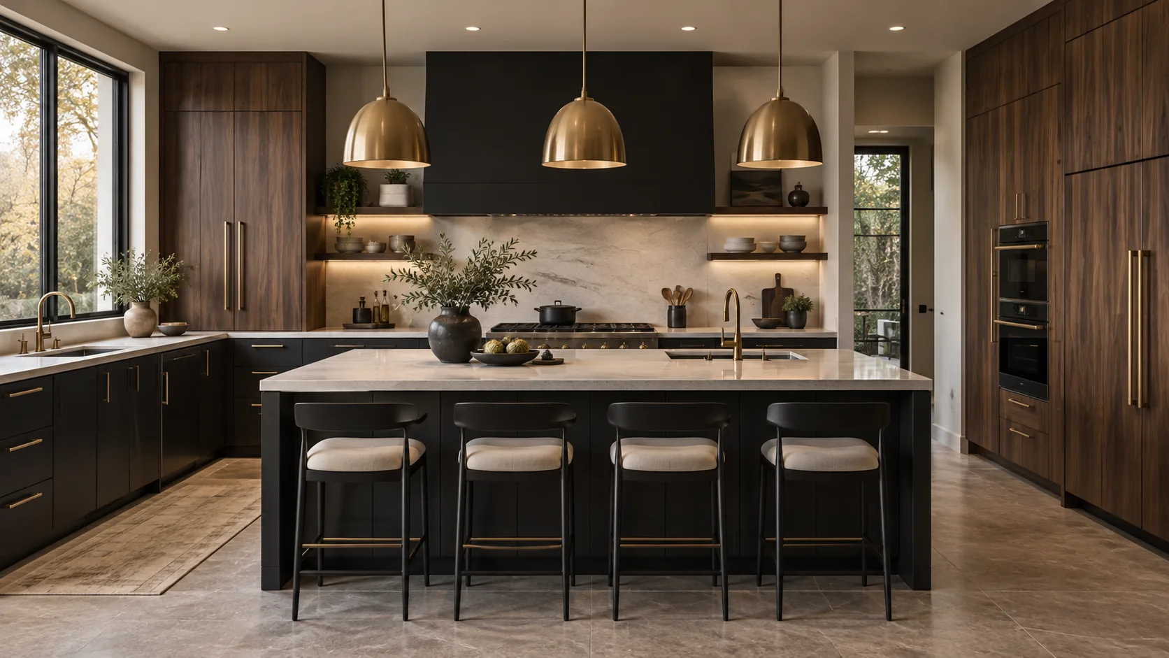 Black and gold kitchen with matte black lower cabinets, walnut storage, pale stone island and backsplash, brushed brass hardware and pendants, and cream stools