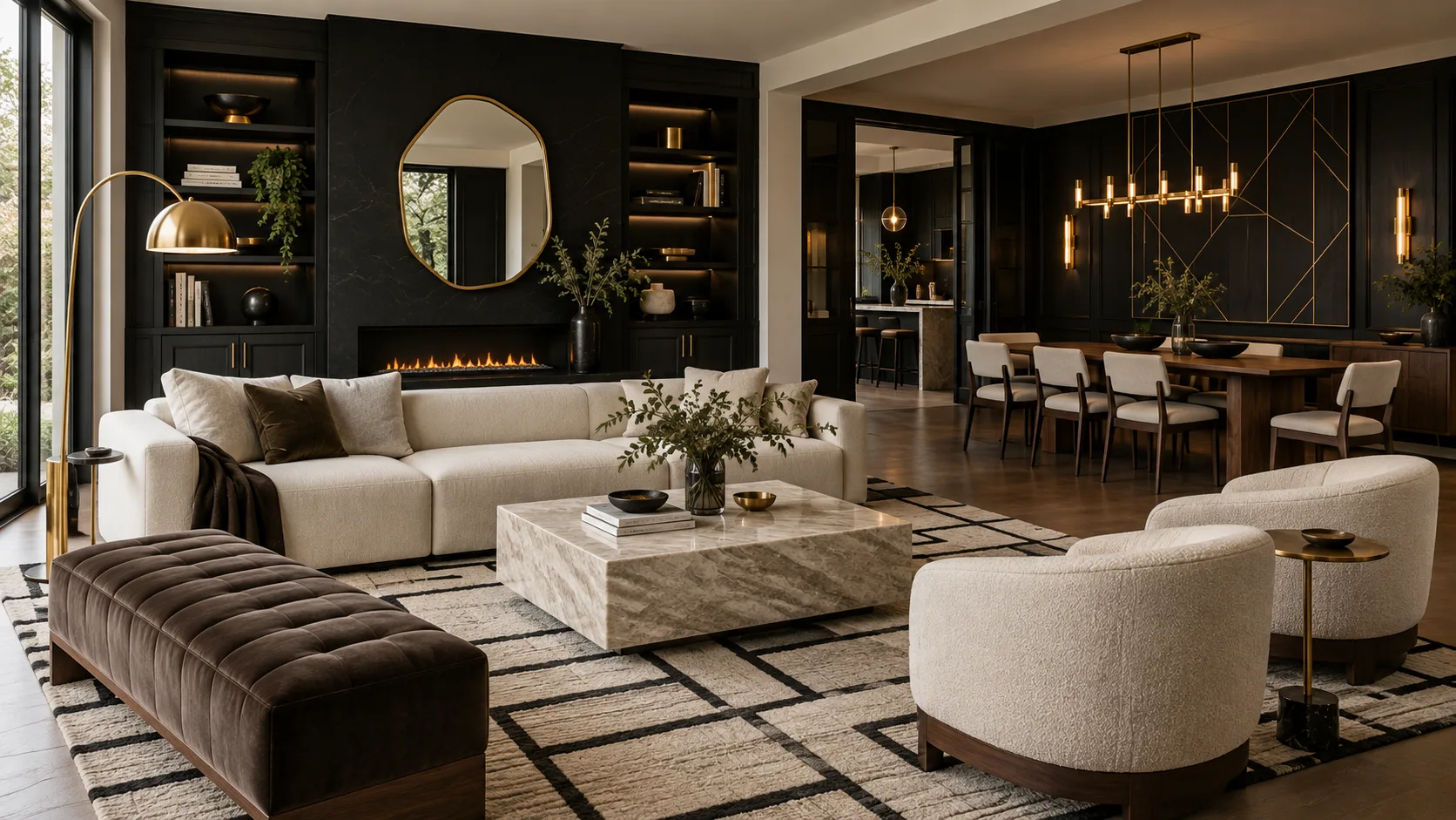 Black and gold living and dining room with matte black built-ins, brushed brass lighting, cream seating, walnut furniture, and pale stone