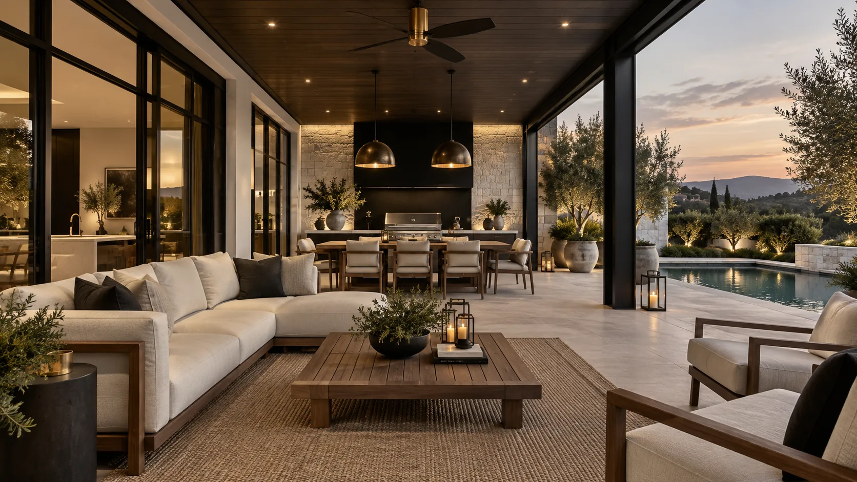 Black and gold covered patio with black metal framing, bronze pendants, cream outdoor seating, walnut-toned furniture, pale stone, and warm landscape lighting