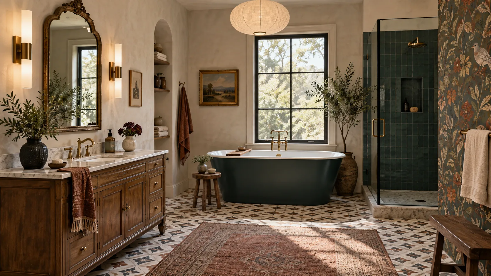 Eclectic bathroom with a vintage wood vanity, dark green tub and shower tile, patterned floor, brass fixtures, arched mirror, and wallpaper