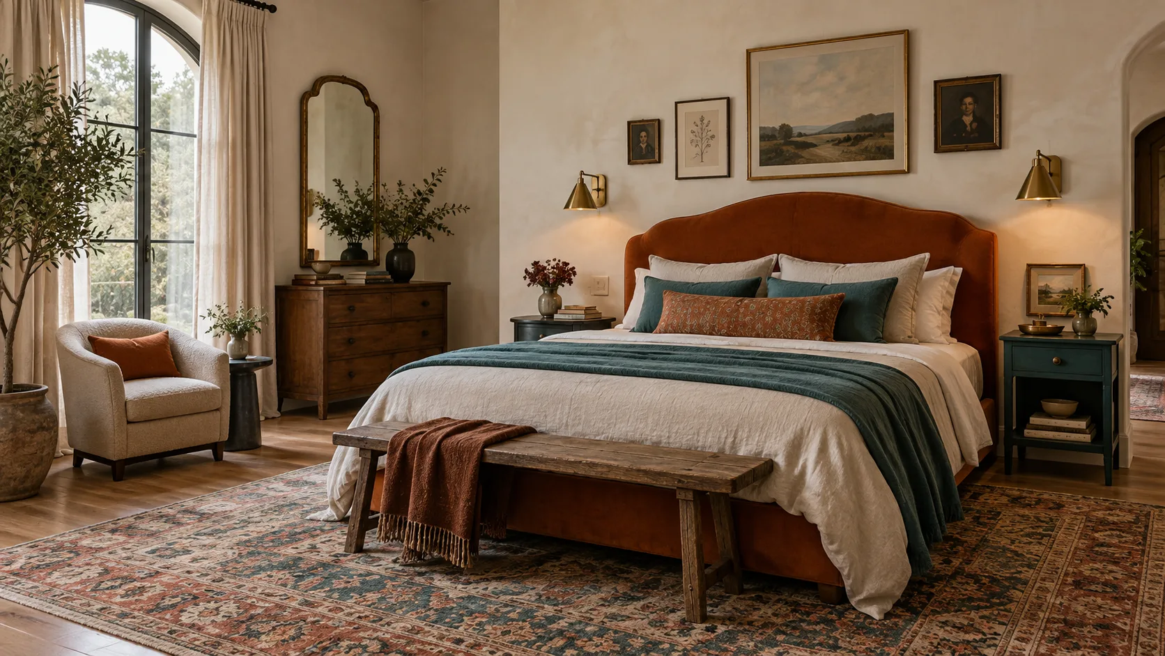 Eclectic bedroom with a rust upholstered bed, teal bedding, mismatched nightstands, vintage rug, antique dresser, and modern lighting