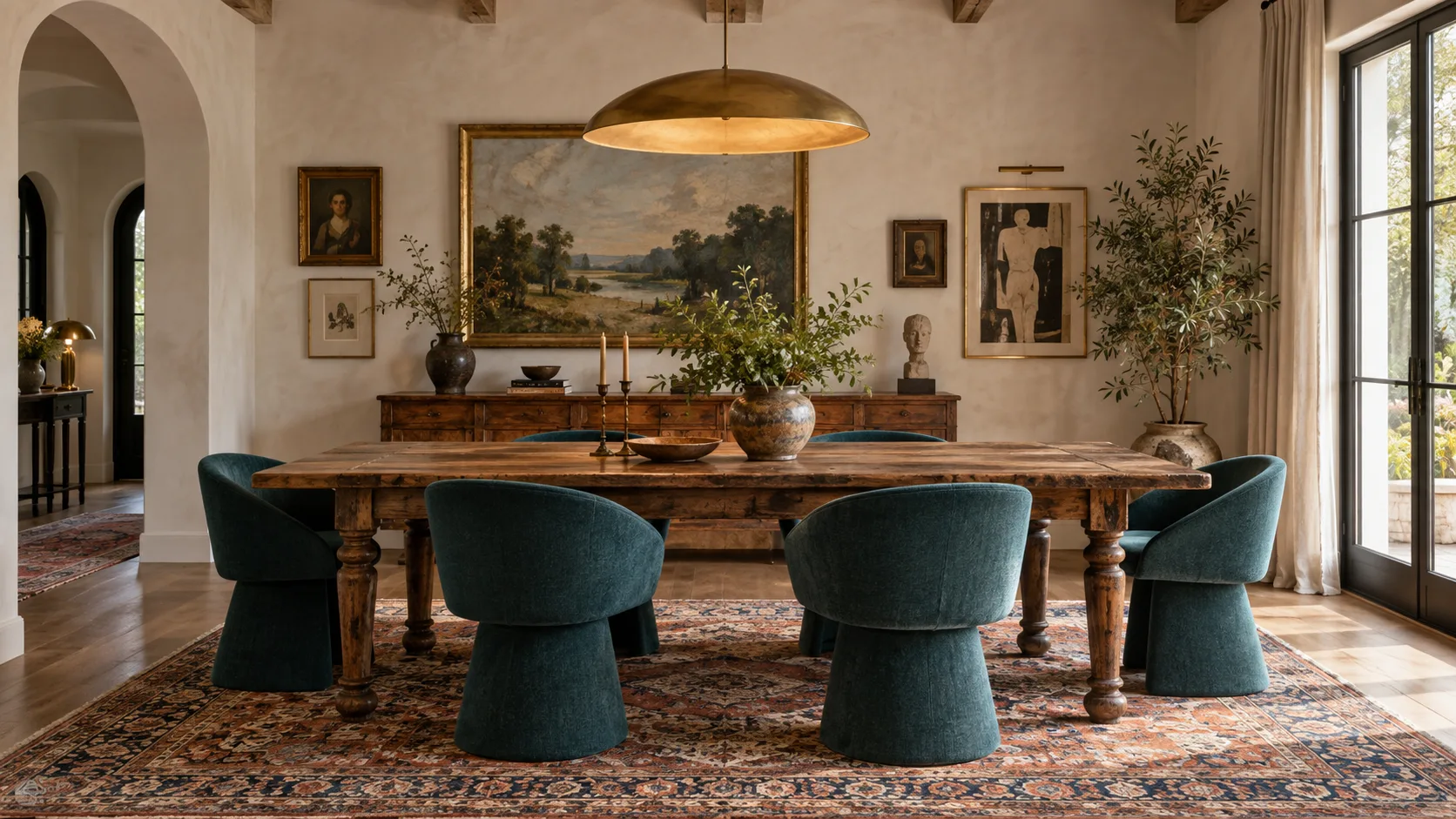 Eclectic dining room with an antique wood table, sculptural teal chairs, vintage rug, modern brass pendant, collected art, and ceramics