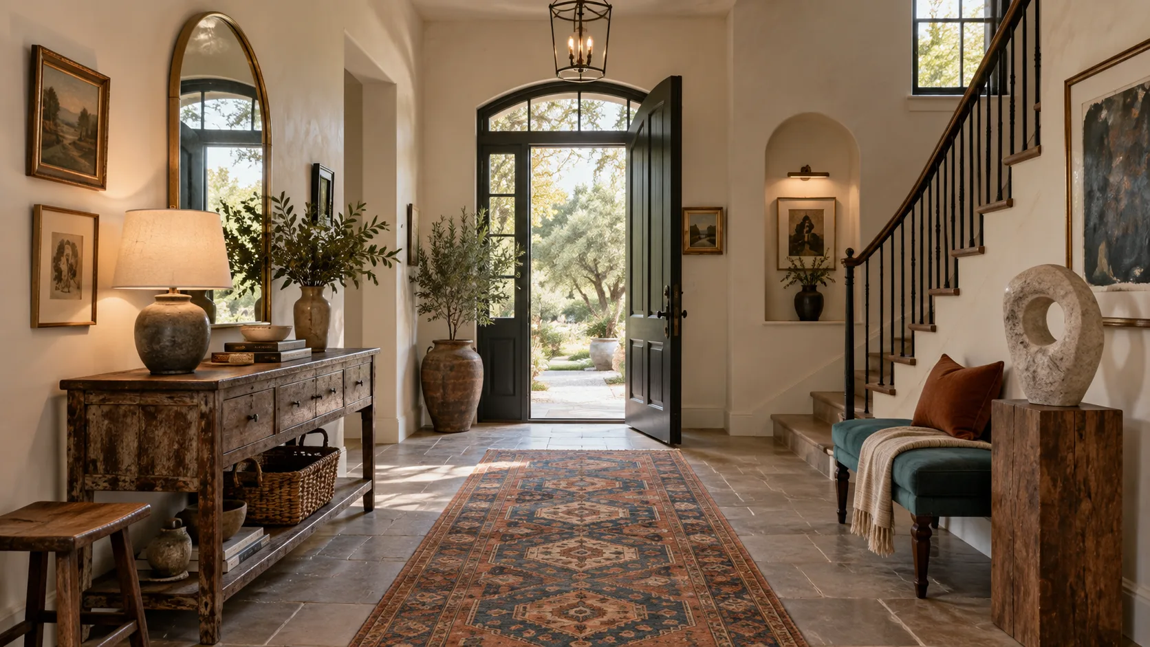 Eclectic entryway with a vintage console, brass mirror, patterned runner, collected art, teal bench, sculptural stone object, and practical baskets