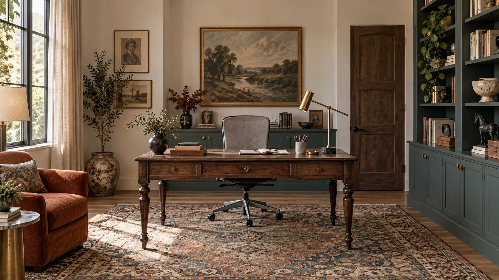 Eclectic home office with an antique desk, ergonomic chair, vintage rug, green built-ins, brass task light, art, books, and plants