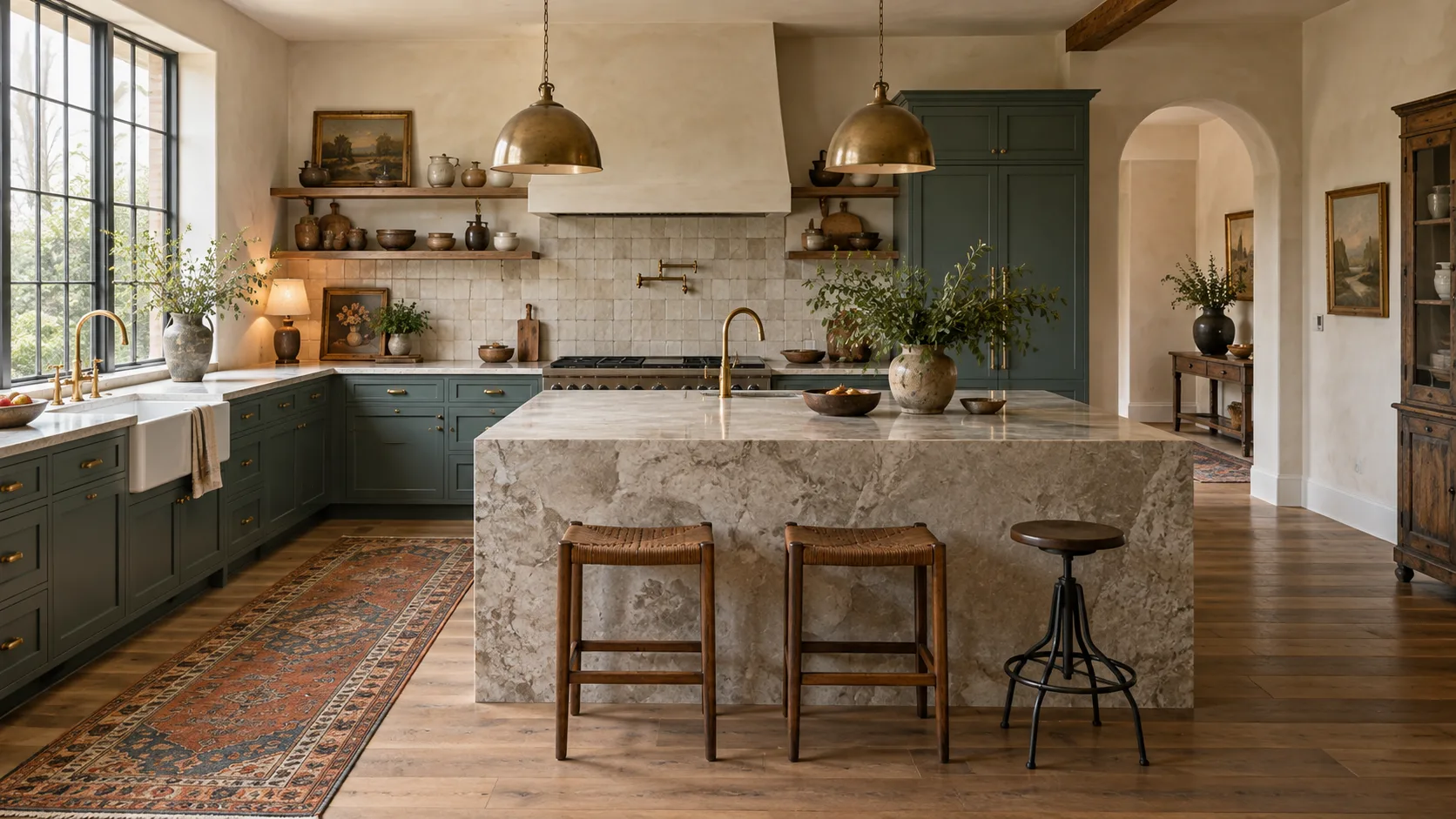 Eclectic kitchen with green cabinetry, handmade tile, stone island, vintage runner, mixed stools, brass pendants, and collected ceramics