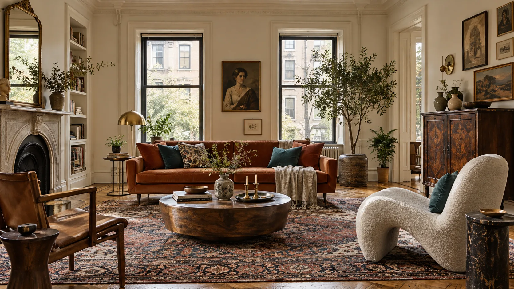 Eclectic living room with a rust sofa, vintage rug, antique storage, contemporary chair, collected art, and plants
