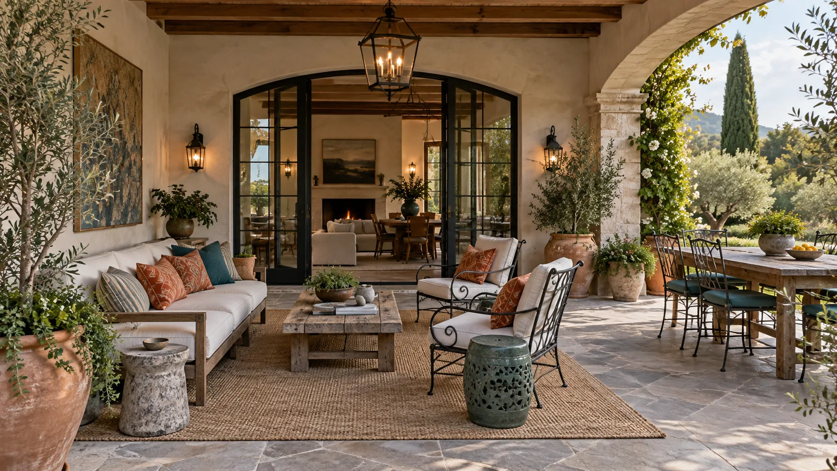 Eclectic covered patio with vintage iron chairs, modern outdoor sofa, patterned cushions, rustic wood tables, planters, and warm lantern lighting