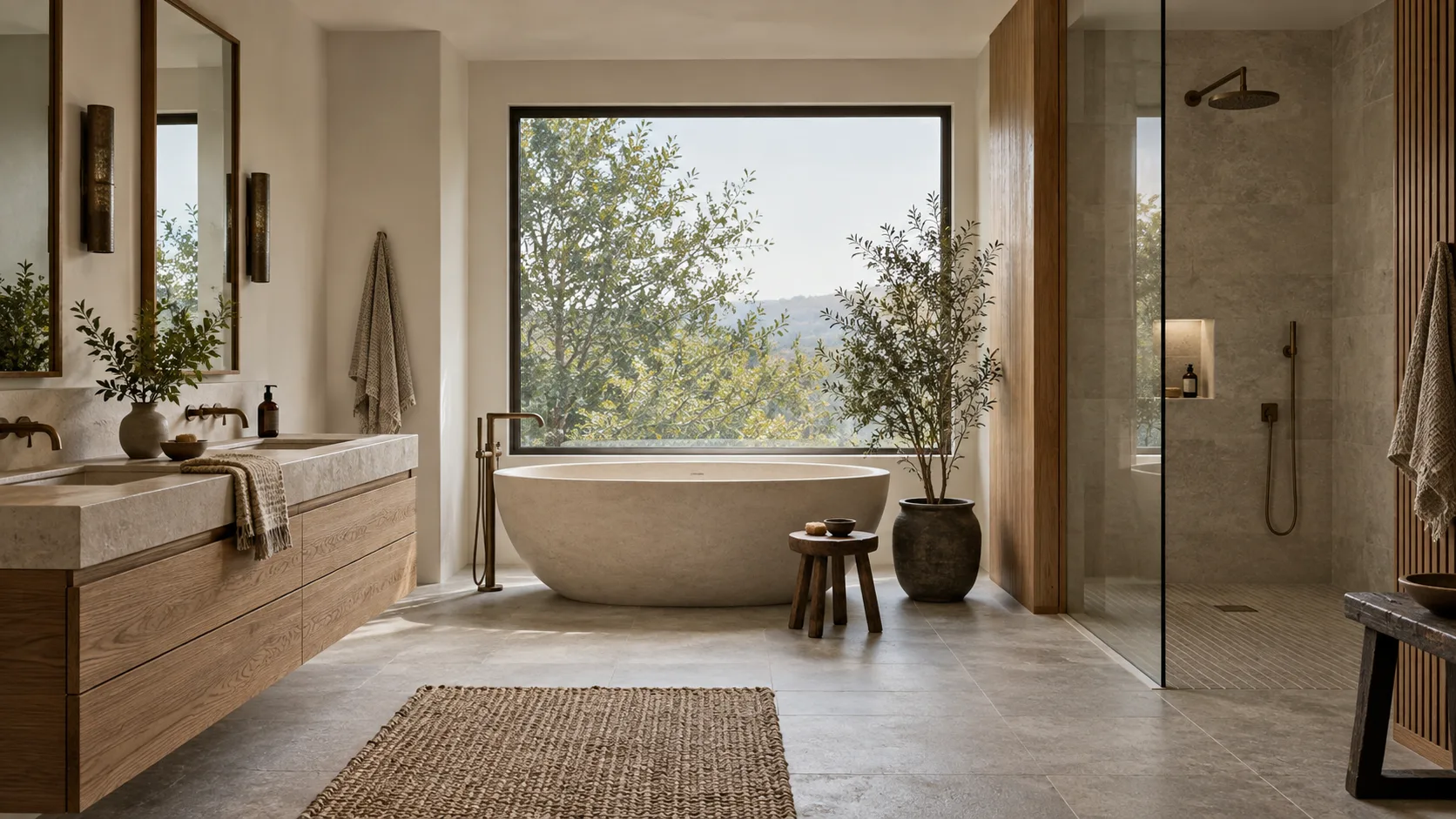 Japandi bathroom with a floating oak vanity, matte stone, soaking tub, frameless shower, woven mat, bronze fixtures, and garden view
