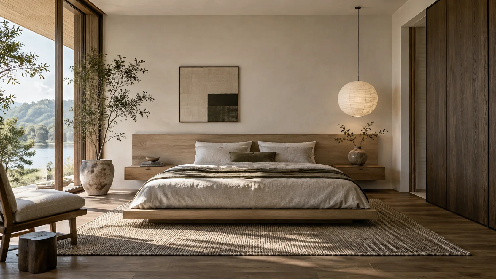 Japandi bedroom with a low oak platform bed, linen bedding, floating nightstands, paper pendant, woven rug, dark wood storage, and restrained art