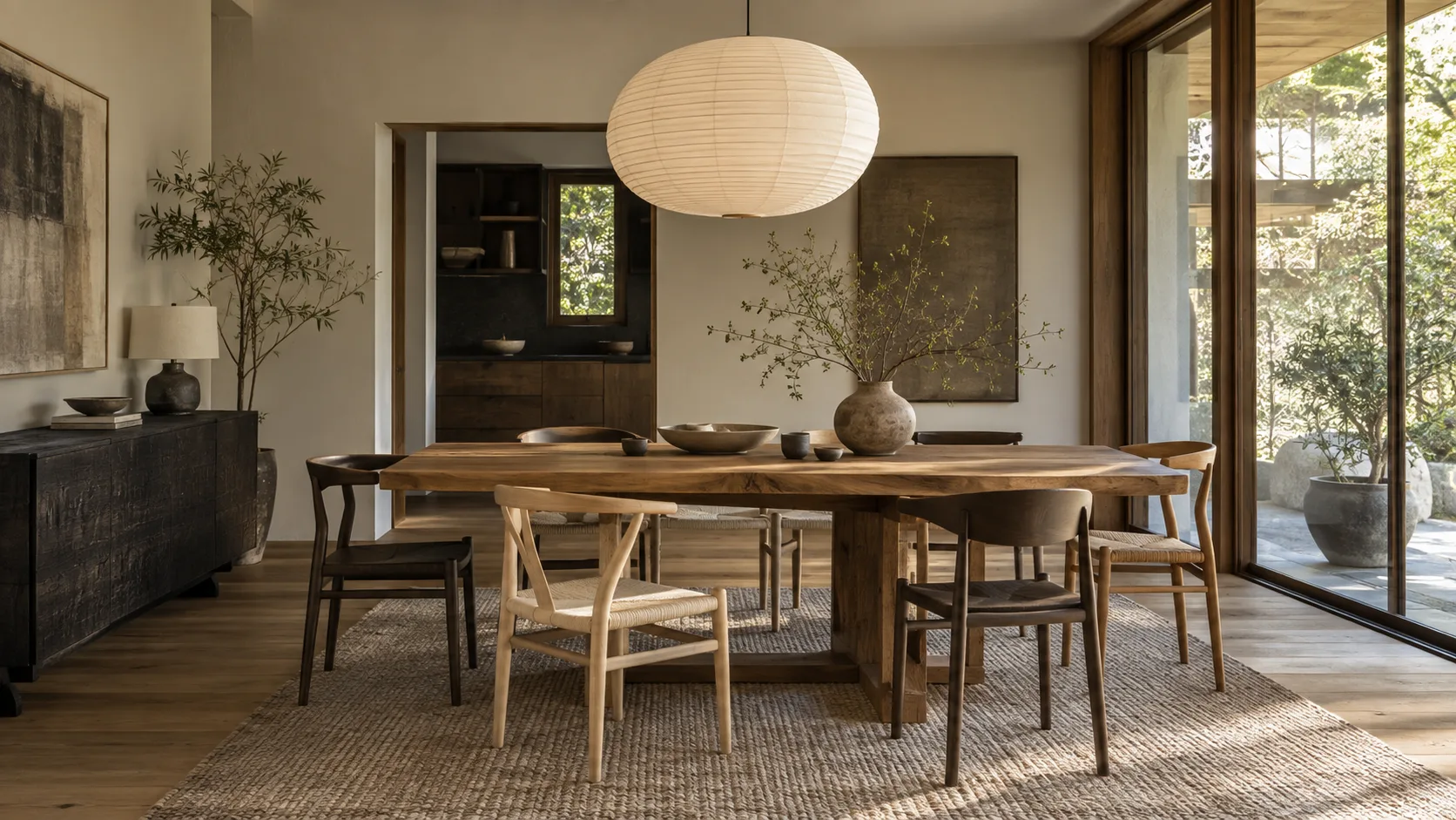 Japandi dining room with a solid wood table, mixed light and dark wood chairs, paper pendant, woven rug, handmade ceramics, and restrained branches