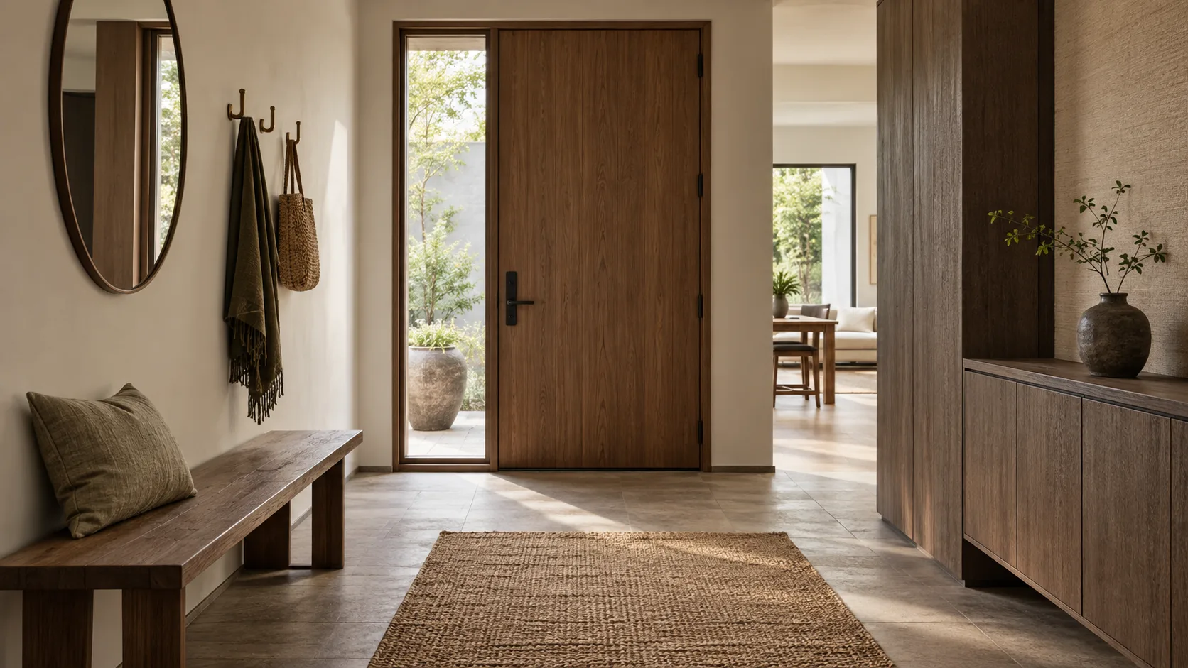 Japandi entryway with a slim wood bench, concealed shoe storage, bronze hooks, oval mirror, woven mat, ceramic vessel, and open walkway
