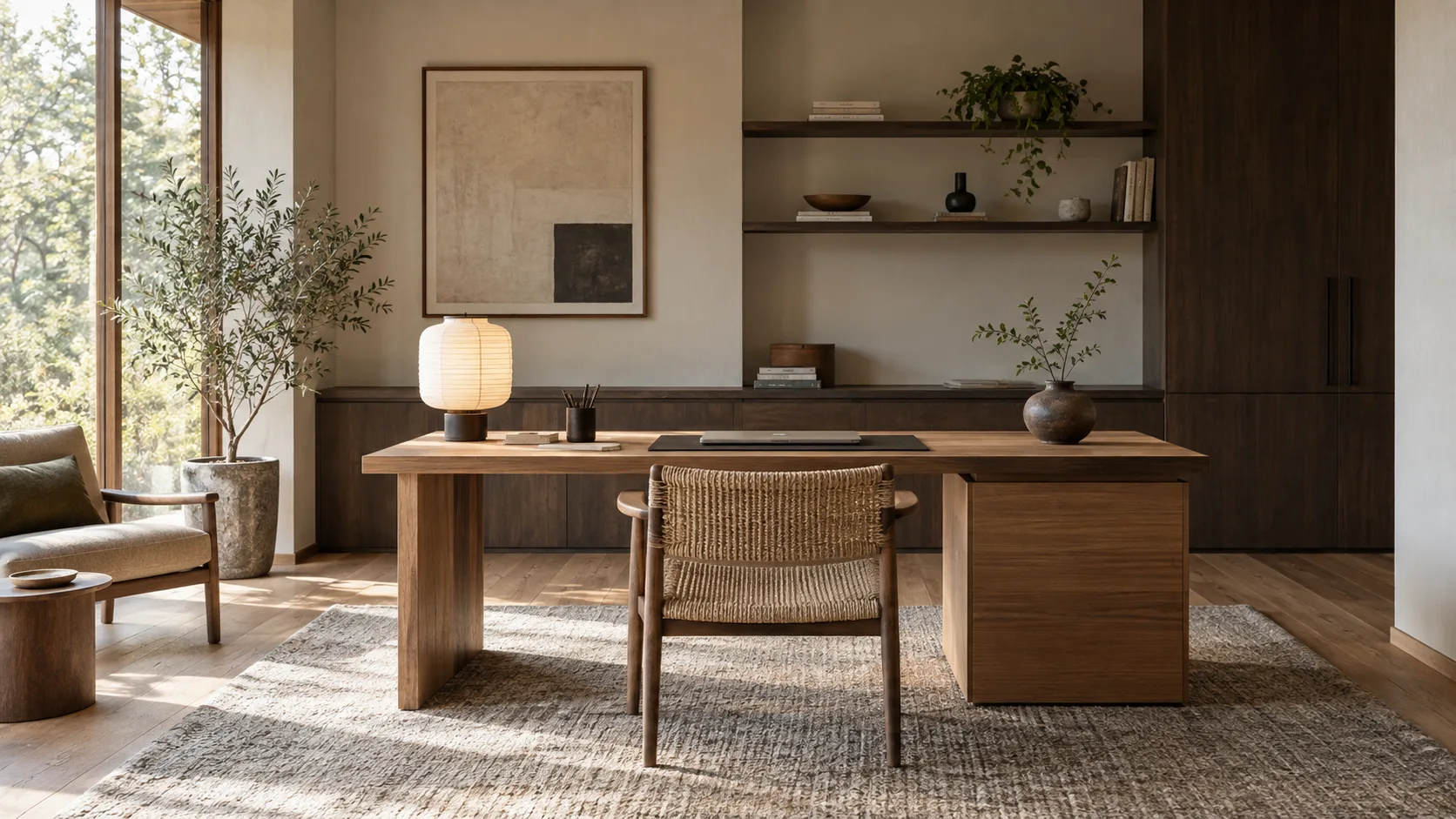 Japandi home office with a wood desk, woven ergonomic chair, concealed dark wood storage, paper task lamp, wool rug, restrained shelves, and plants