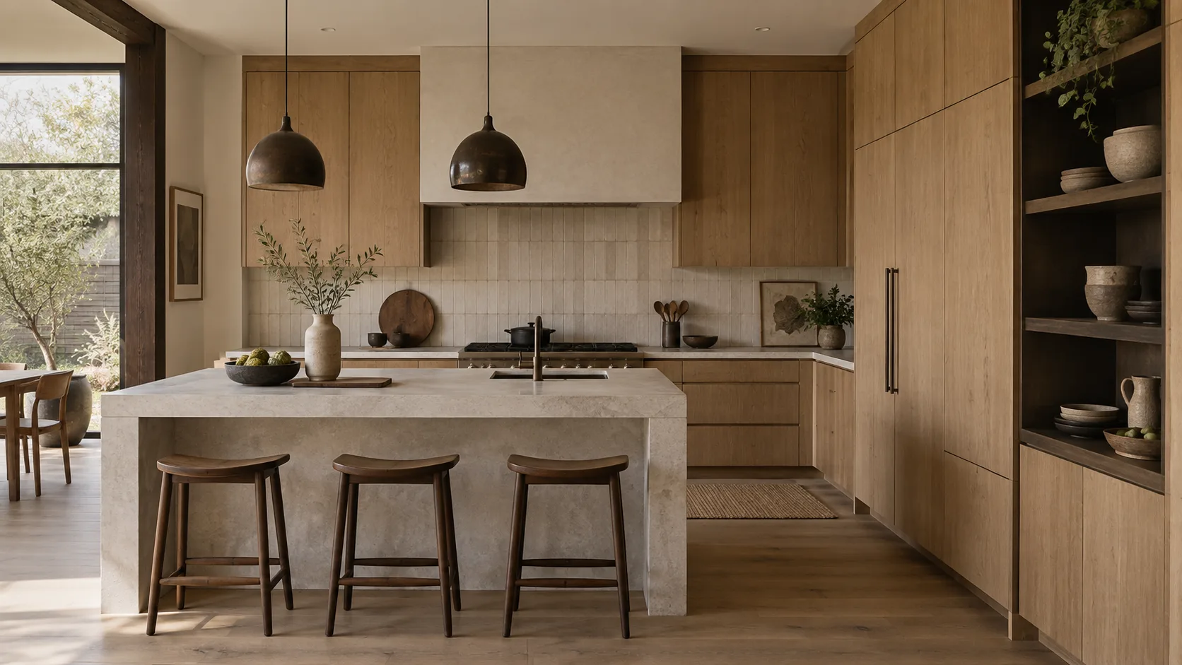Japandi kitchen with matte oak cabinetry, concealed storage, pale stone island, stacked neutral tile, dark pendants, wood stools, and handmade ceramics