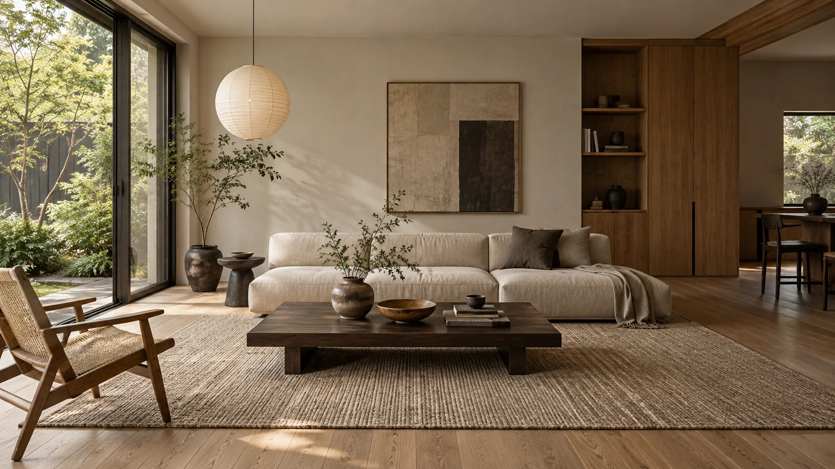Japandi living room with a low linen sofa, dark wood table, paper lantern, woven rug, handmade ceramics, and garden view