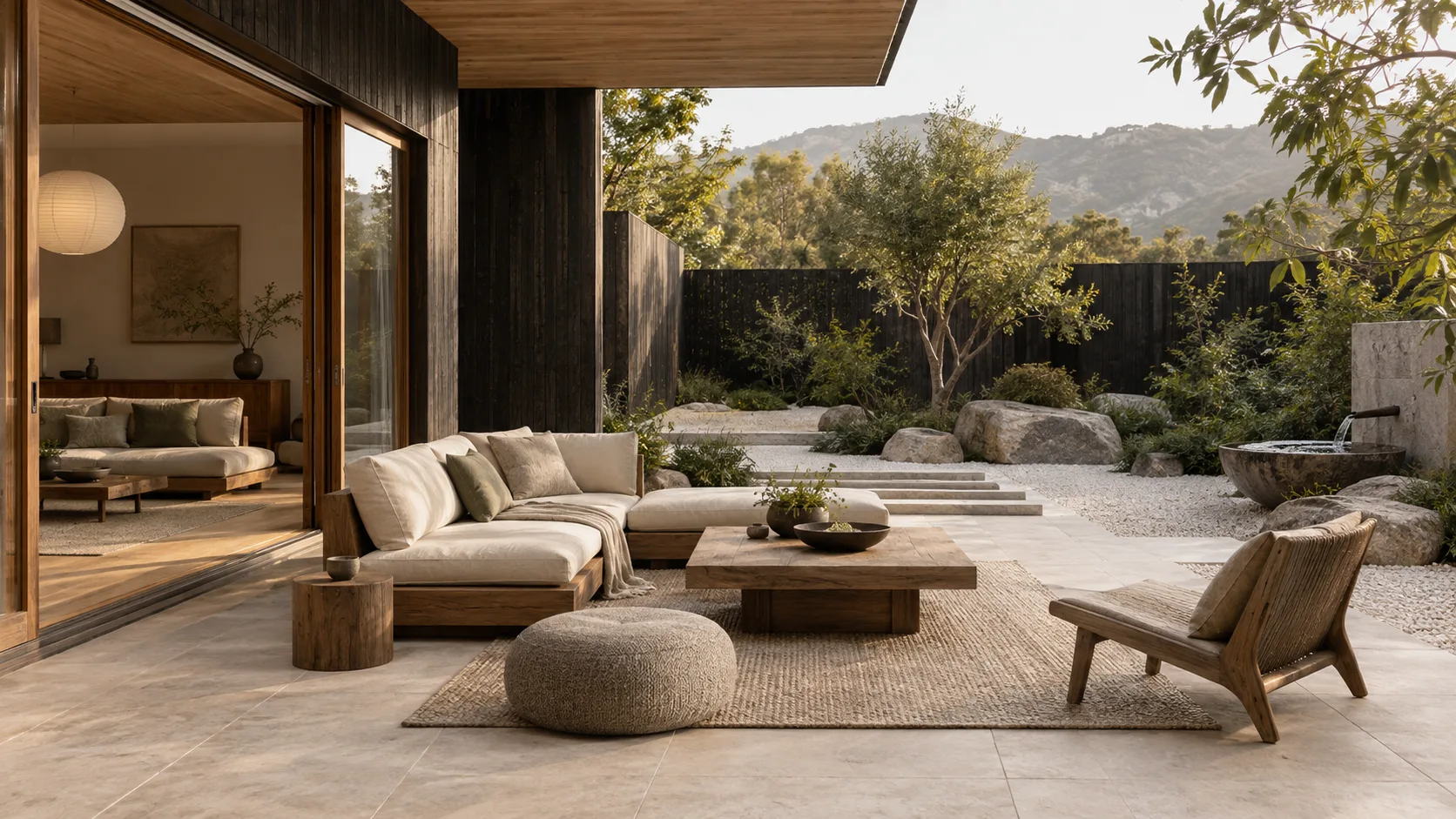Japandi patio with low wood seating, cream cushions, woven rug, dark timber cladding, pale stone, gravel garden, boulders, and restrained planting